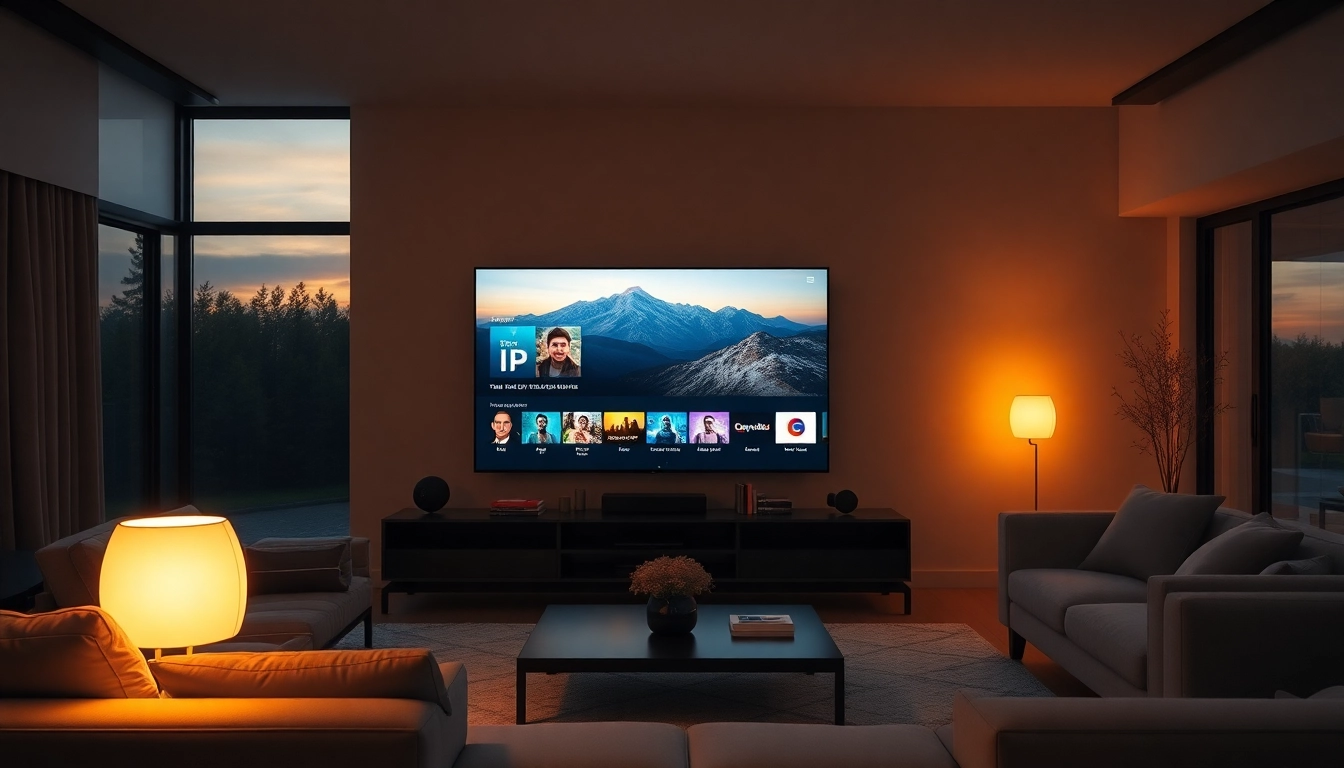 Stream live IPTV Suisse content in a cozy modern living room setting.