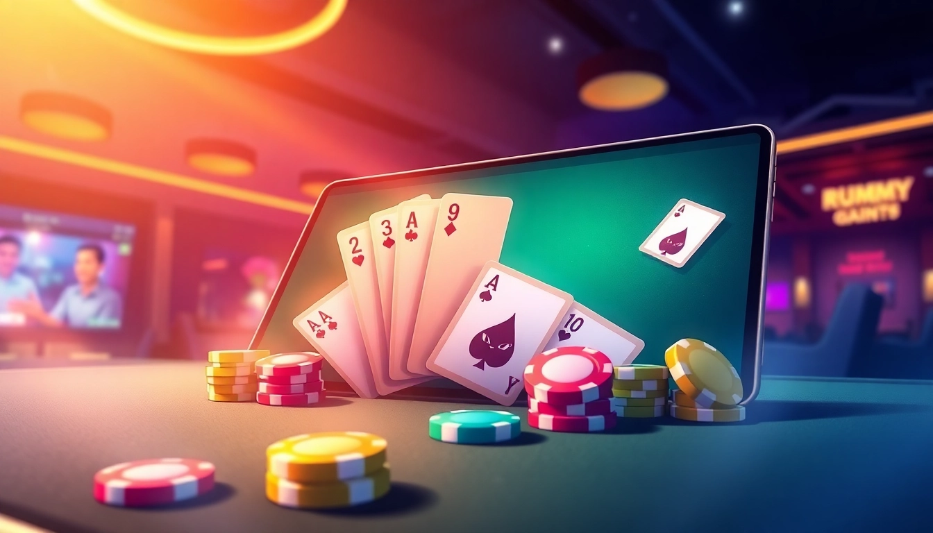 Experience the thrill of Rummy Wealth with vibrant gaming cards and chips lighting up the screen.