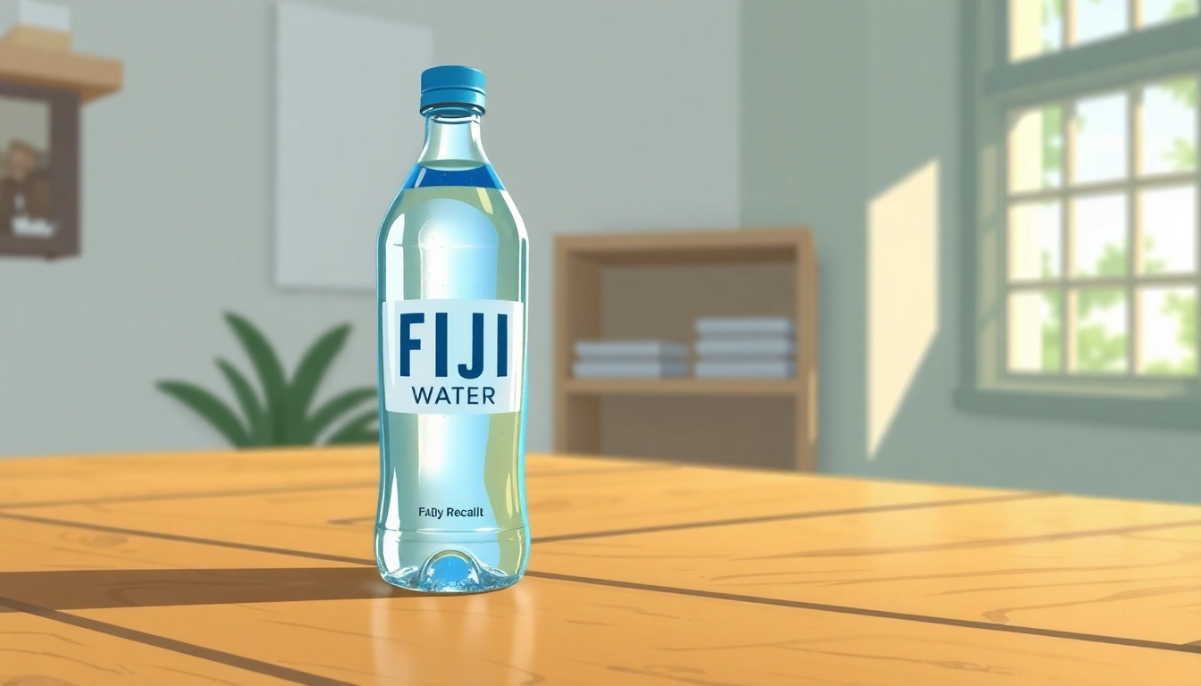 Highlight the FDA recalls Fiji water with a focus on a bottle featuring a warning label for contamination.