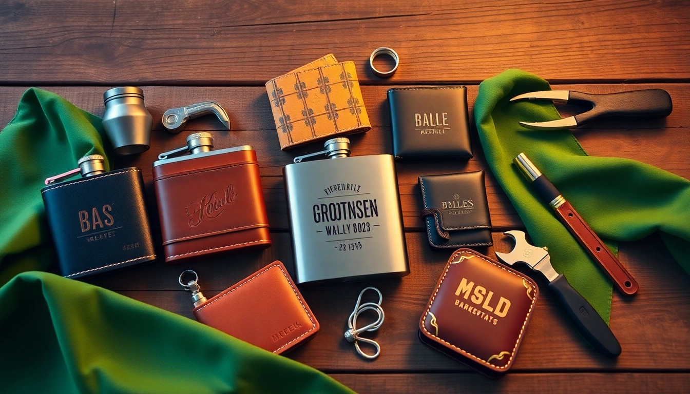 Explore unique cheap groomsmen gifts including personalized flasks and wallets displayed on a rustic table.