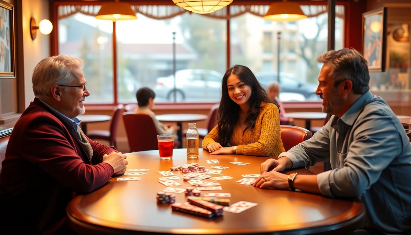 Experience the thrill of rummy wealth as players engage in a lively card game at a café.