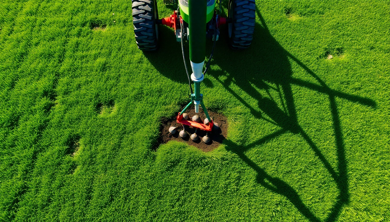 Core aeration process showcases a lawn aerator extracting soil plugs, vital for lawn health.