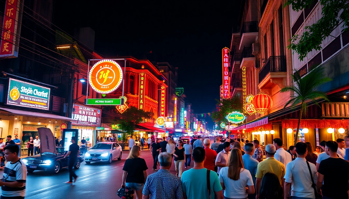 Enjoying the Ho Chi Minh 황제투어 후기, vibrant nightlife scene bustling with energy and colorful lights.