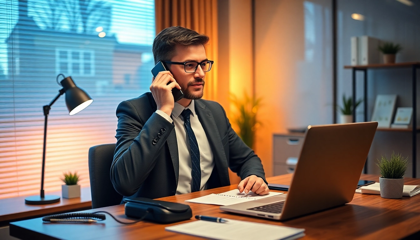 Real estate lead generation cold calling services portrayed by an agent engaged on a phone call at a modern desk.