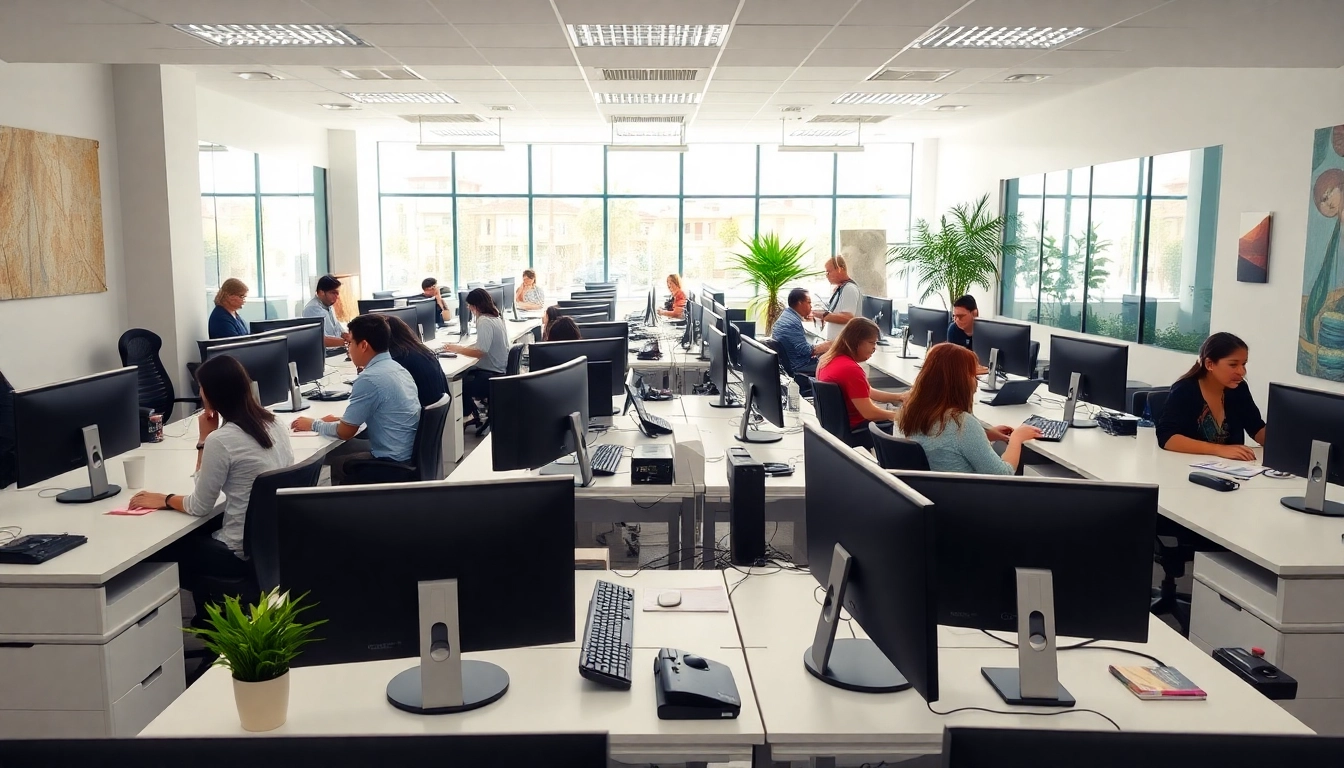 Employees collaborating in a Tijuana call center, showcasing a vibrant work environment.