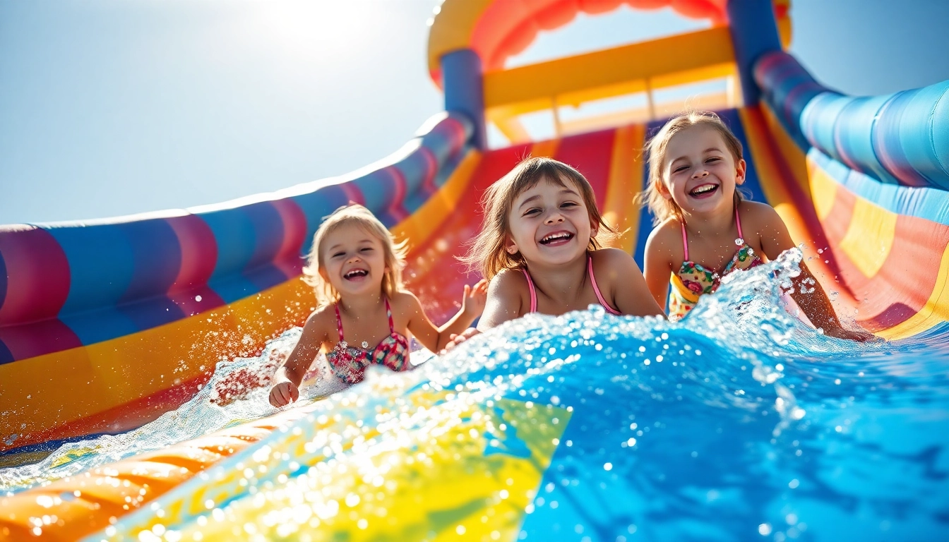 Children enjoying a fun water slide rental on a sunny day, splashing water everywhere.