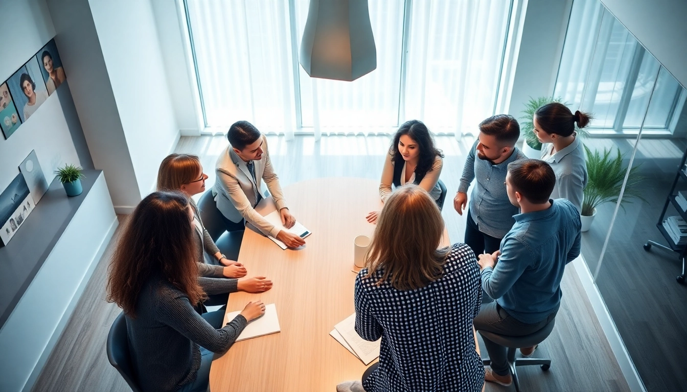 Professionals collaborating in an outsourcing meeting, showcasing teamwork and efficiency in a modern office.