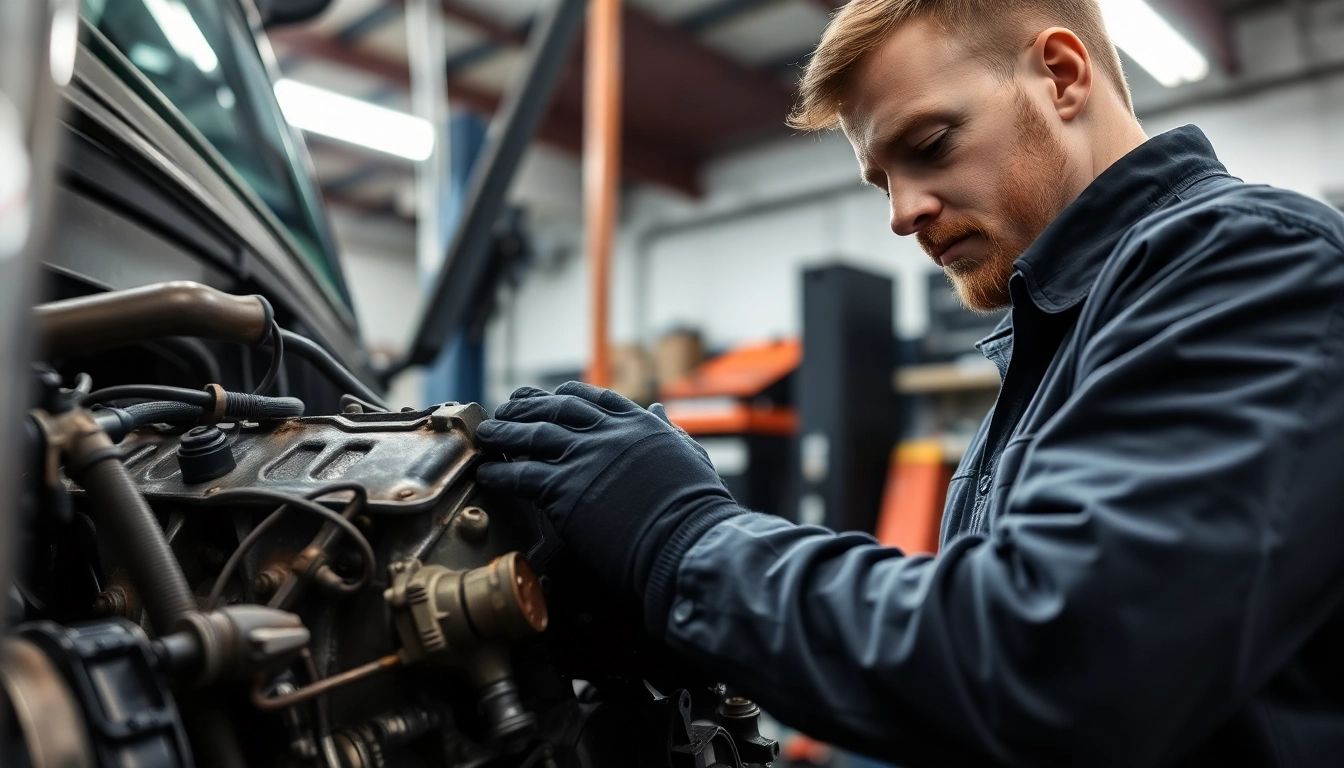 Experienced diesel mechanics near me performing engine repairs in a bright, organized workshop.