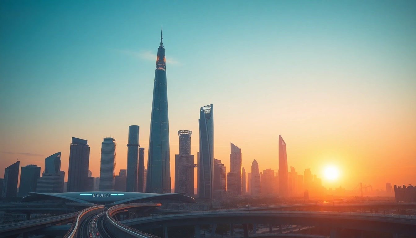 Prospective skyline featuring futuristic architecture and vibrant sunrise colors.