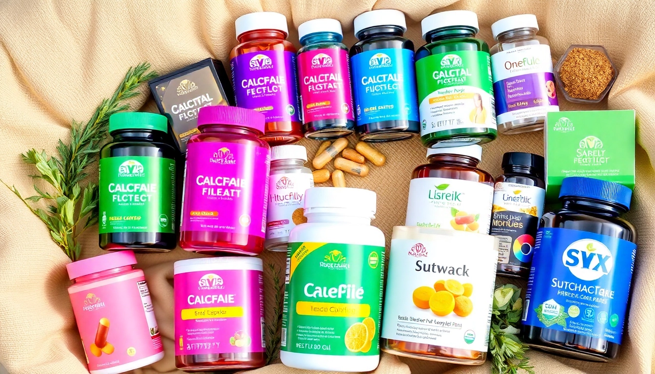 Grid of dietary supplements showcasing vivid capsules and powders promoting health and vitality.