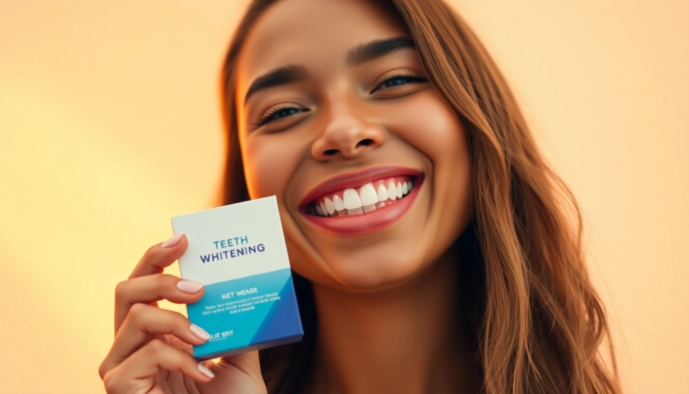 Bright smile showcasing a teeth whitening kit with vibrant packaging and inviting atmosphere.