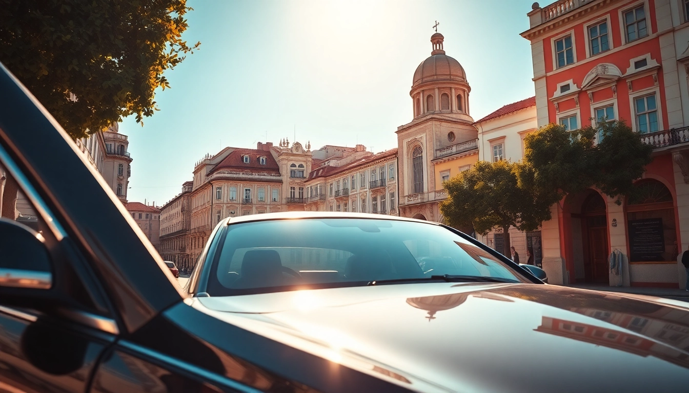 Book a cheap car rental with driver Lisbon outside charming city landmarks.