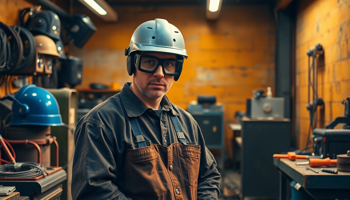 Welder demonstrating the use of essential welding supplies including helmets and machines.