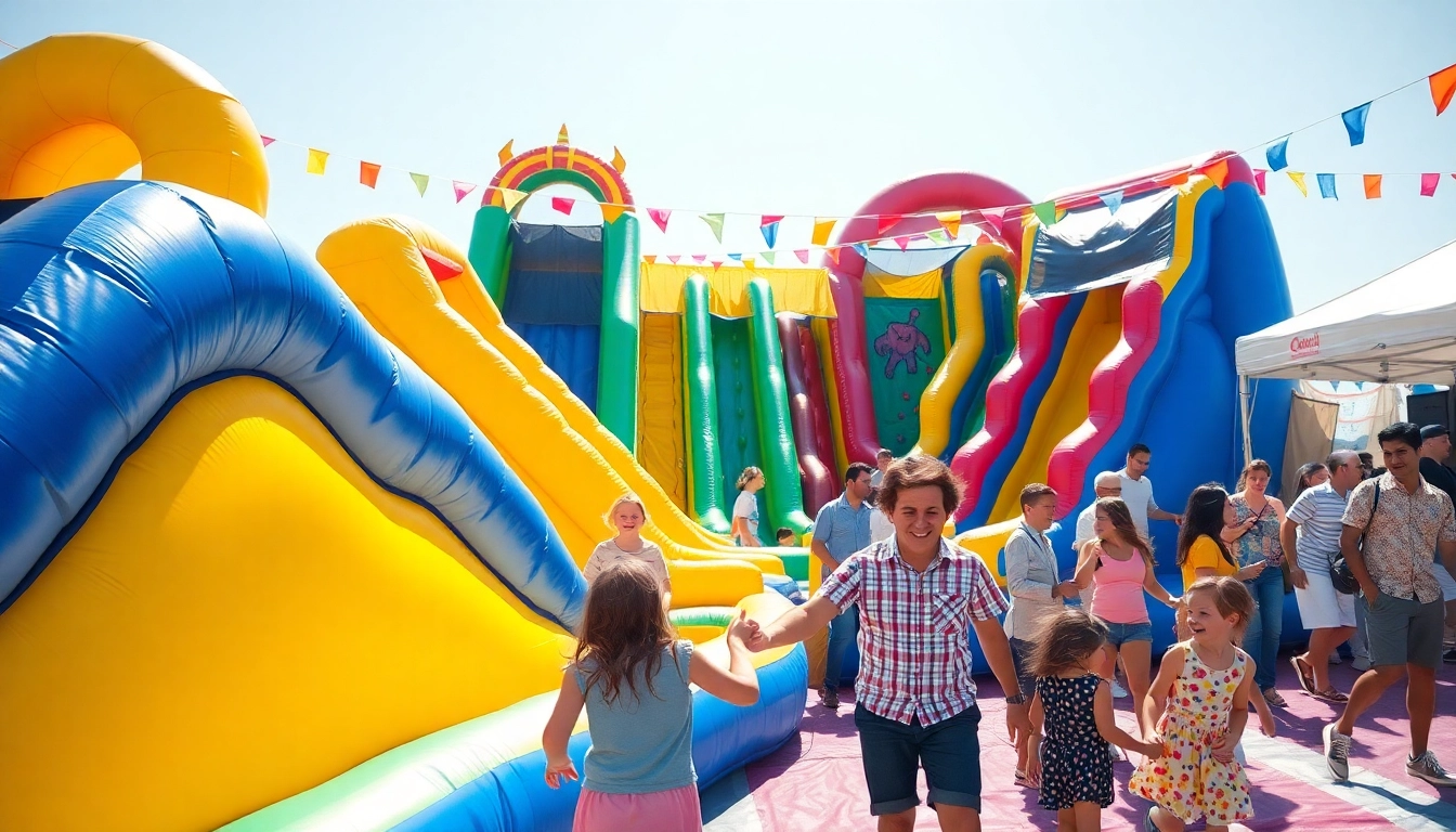 Exciting slide rental for parties, showcasing vibrant inflatable slides and joyful families enjoying summer fun in the sun.