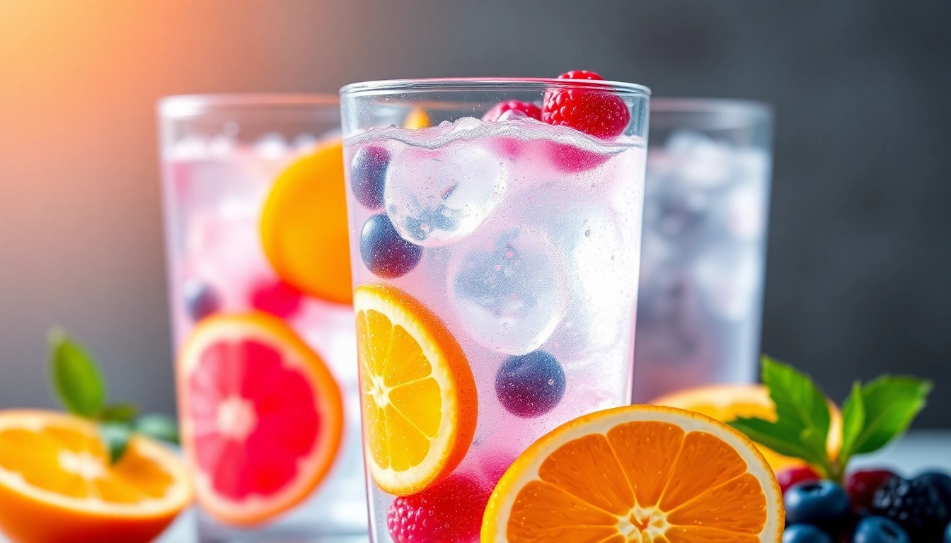 Refreshing beverage showcasing electrolytes with colorful fruits and condensation on the glass.