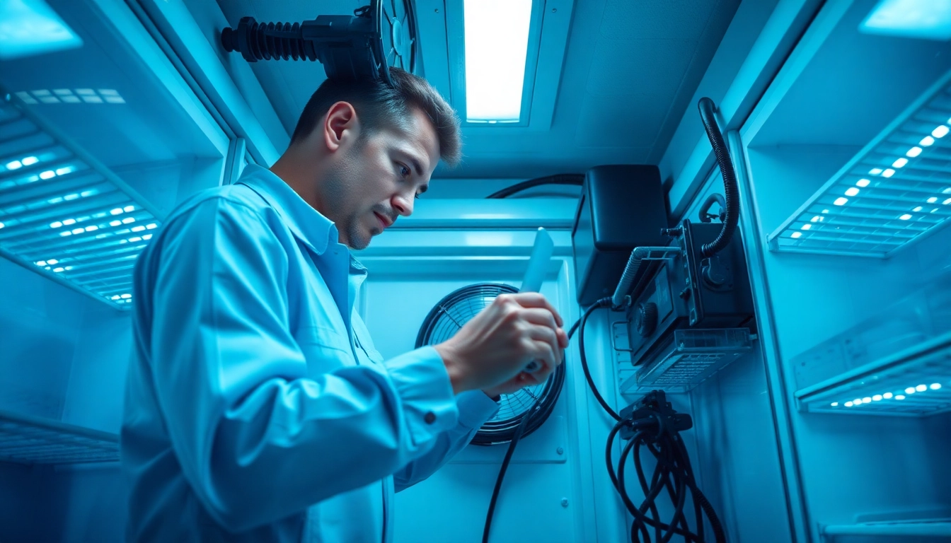 Technician performing walk in freezer repair on commercial refrigeration unit.