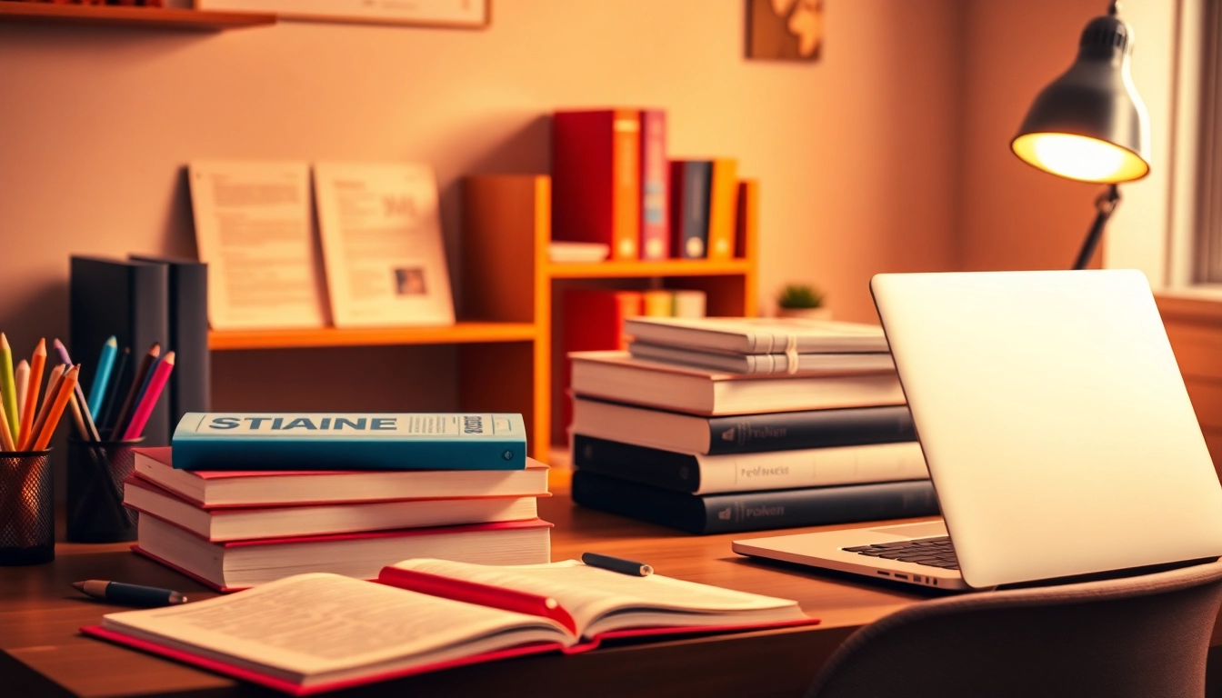 Engaging study scene highlighting the Homework Market with books and a laptop.