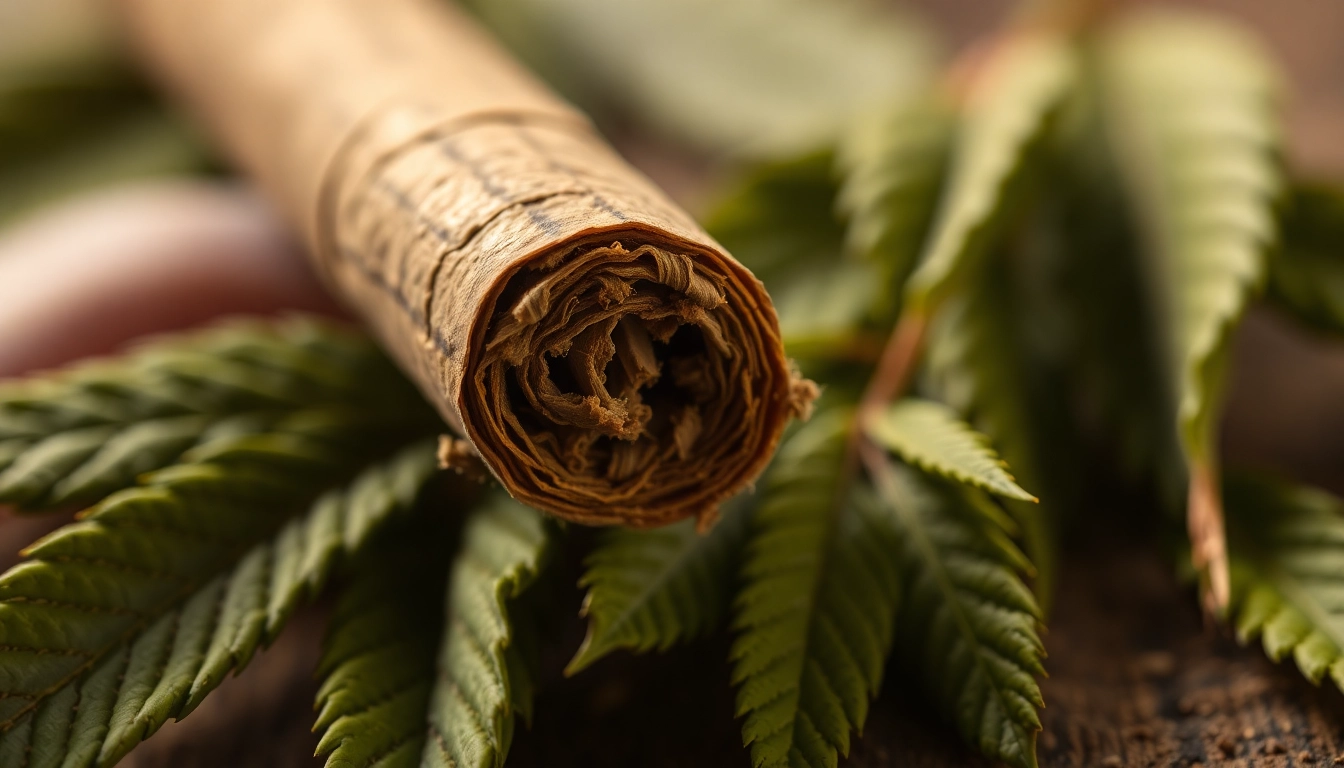 Hand rolling CBD Tobacco with fresh leaves in a rustic, warm-lit setting.