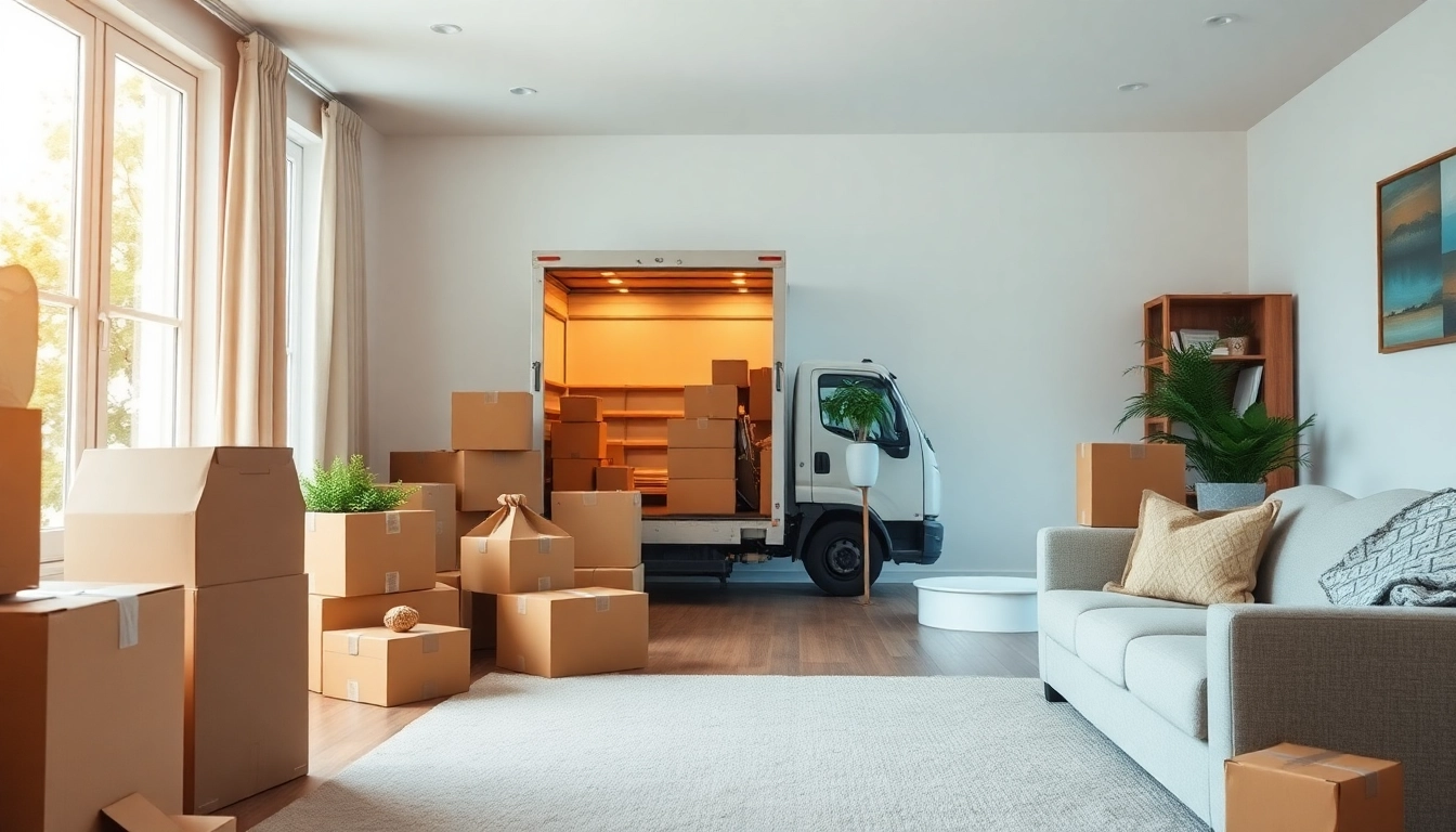 Efficient fully loaded removals service transporting boxes in an organized living space.