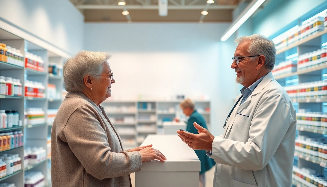 Pharmacist assisting elderly patients at a Long Term Care Pharmacy, showcasing a supportive and welcoming environment.