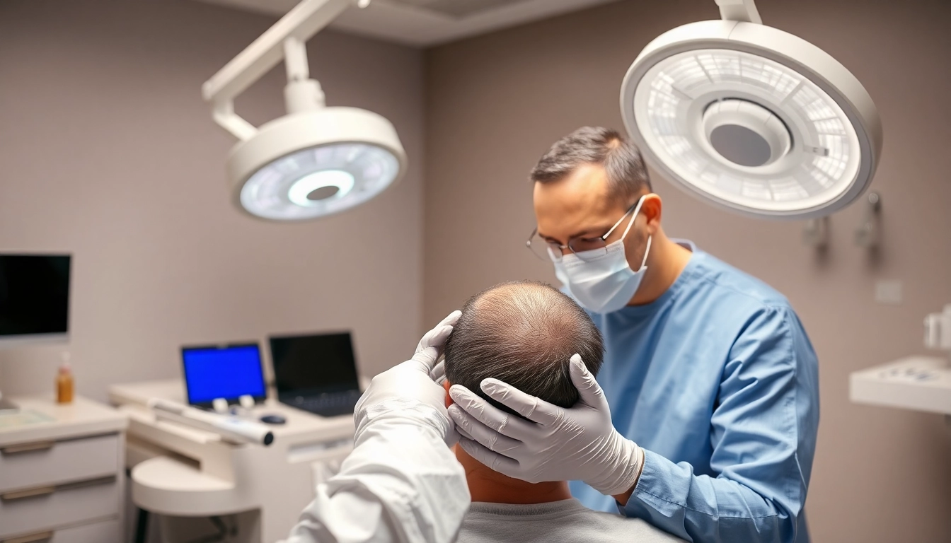 Surgeon performing a hair transplant procedure in a clinical setting, highlighting techniques and tools used.