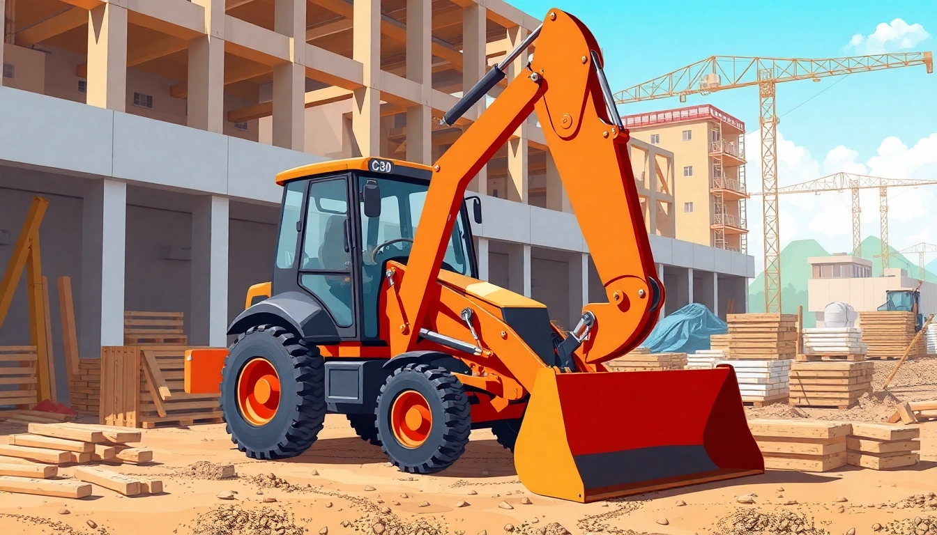 Engaging backhoe financing solutions displayed with a backhoe loader being used in a vibrant construction site.