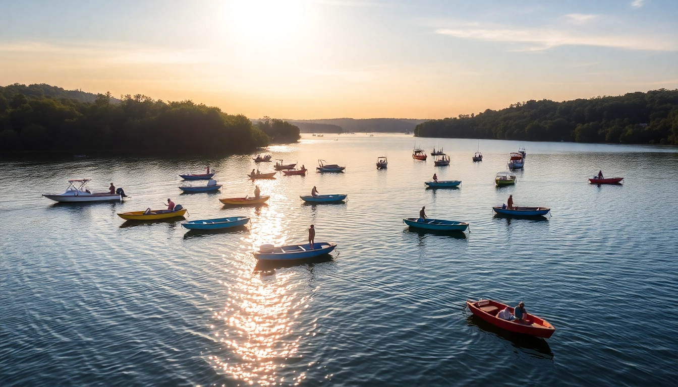 Enjoying lake boats on a tranquil sunset by the water's edge, reflecting vibrant colors.