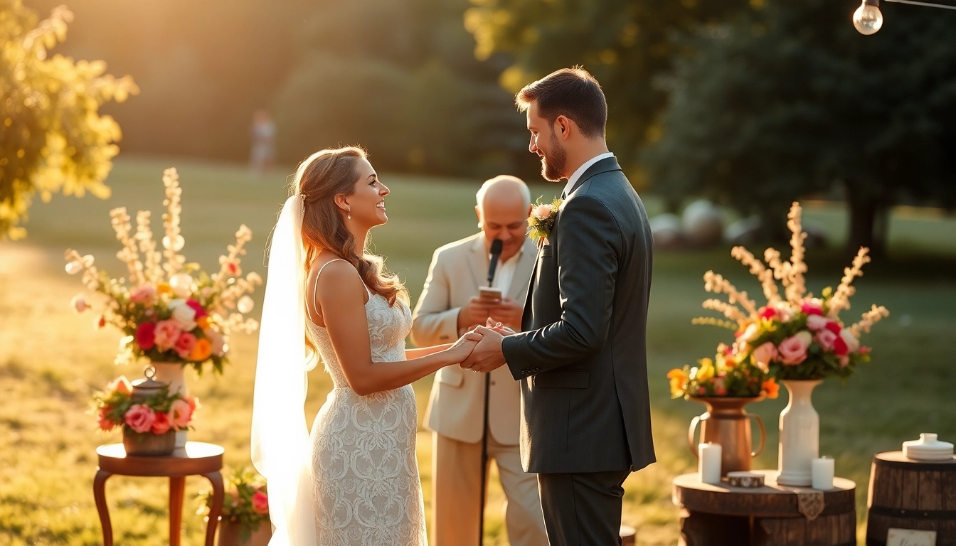 Wedding videographer in Ireland capturing a couple's heartfelt vows amid blooming flowers and golden light.
