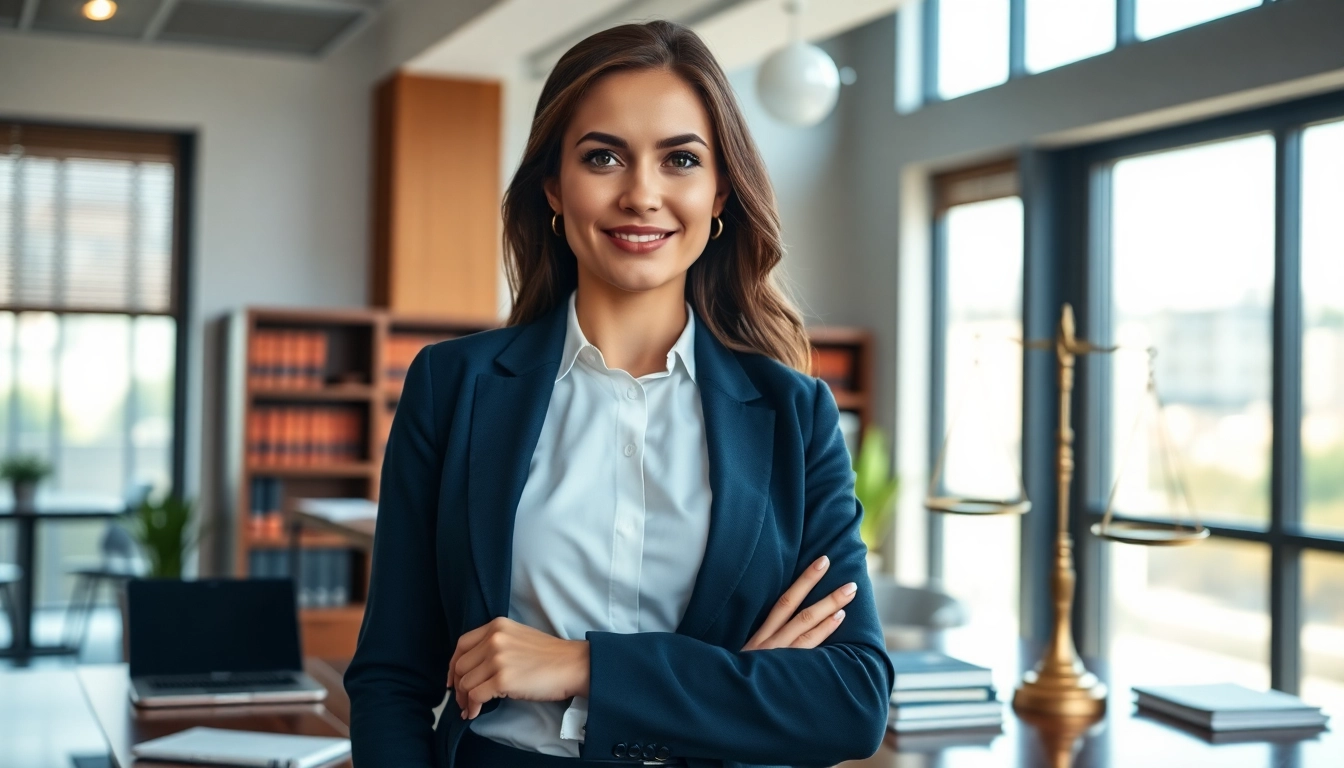 Abogada standing confidently in a modern law office with legal books.