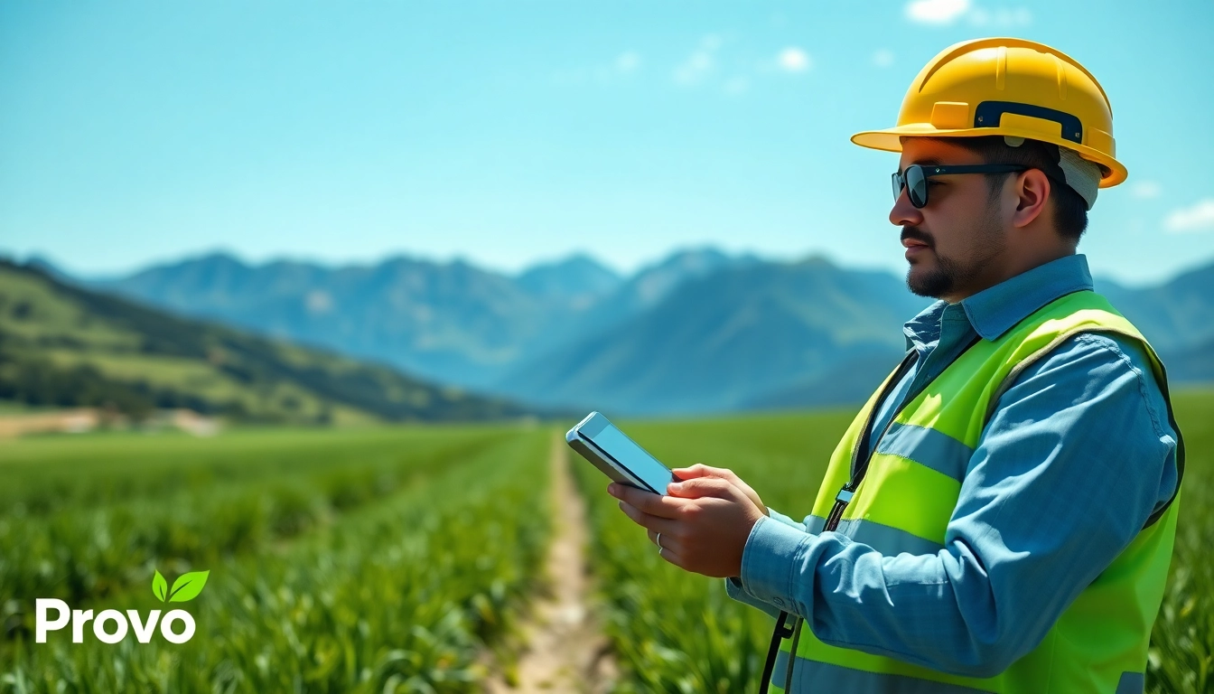 Expert in Provo EHS Consulting analyzing data in a green field, showcasing professionalism and environmental care.