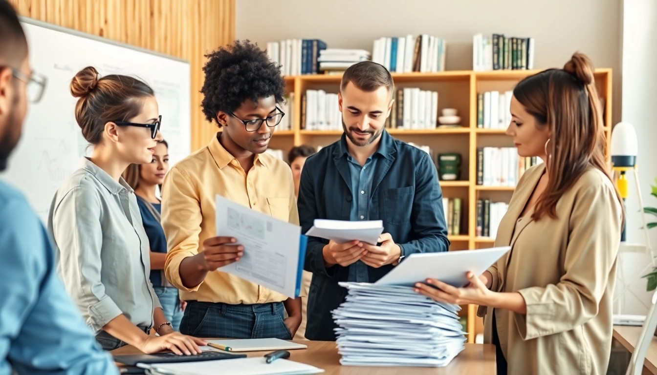 Generate an ai summary of papers while researchers collaborate in a bright office.
