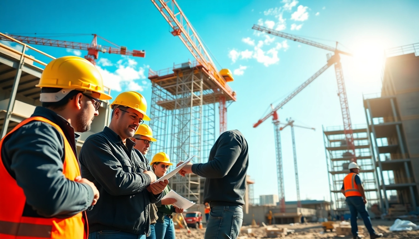 Workers collaborating on an Austin construction site, emphasizing teamwork and industry growth.