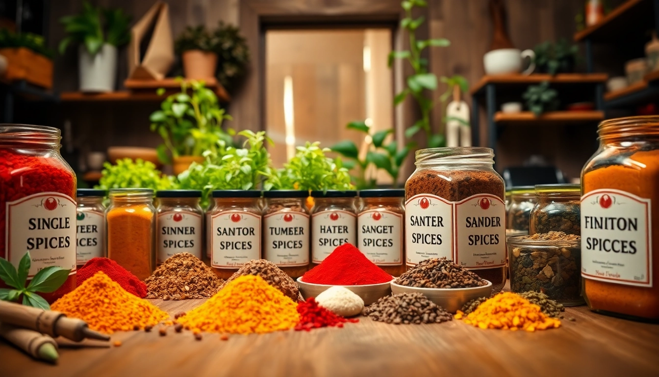 Vibrant single origin spices beautifully arranged in a rustic kitchen setting, highlighting their unique colors and textures.