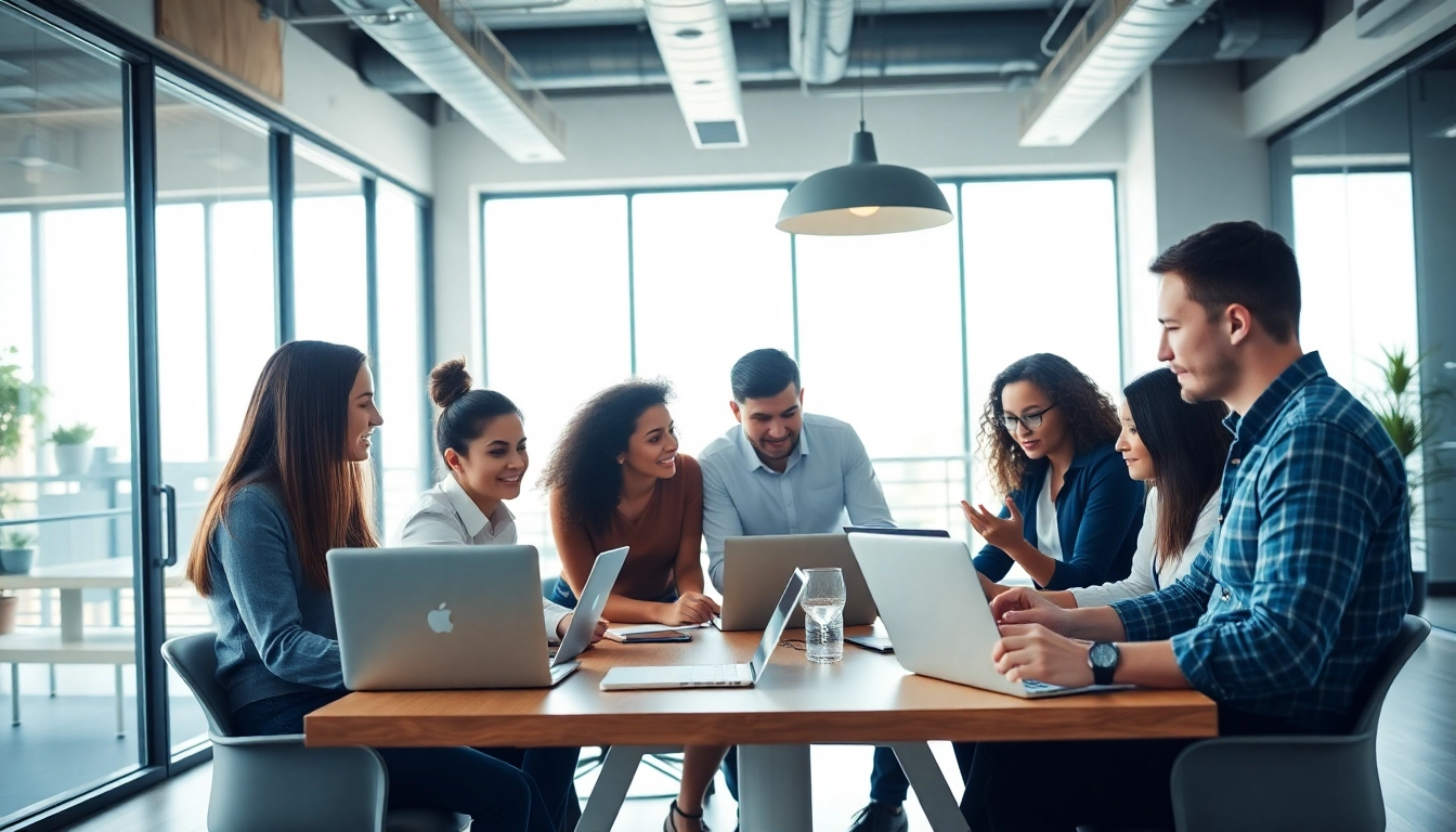 Engaged team at a startup recruitment agency discussing strategies and reviewing candidates' profiles in a bright office.