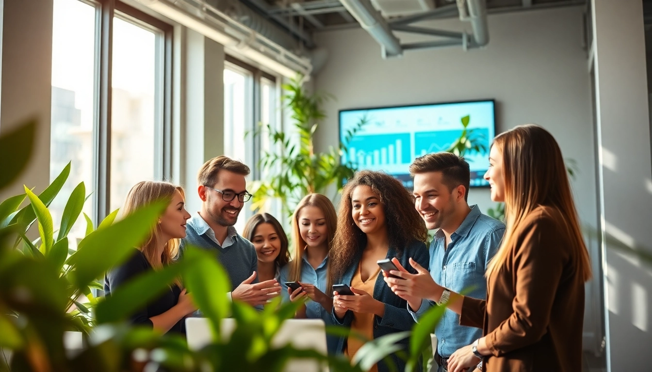 Dynamic social media agency team collaborating in a modern office environment.