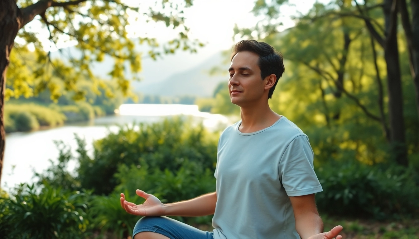 Mindfulness Coach UK demonstrating meditation techniques in a peaceful natural setting.