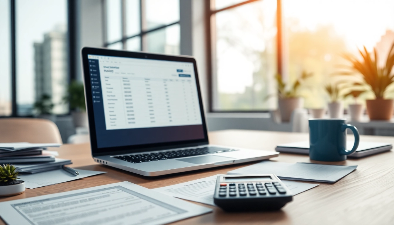 Streamlining invoice processing solution with a modern office setup showcasing productivity tools.