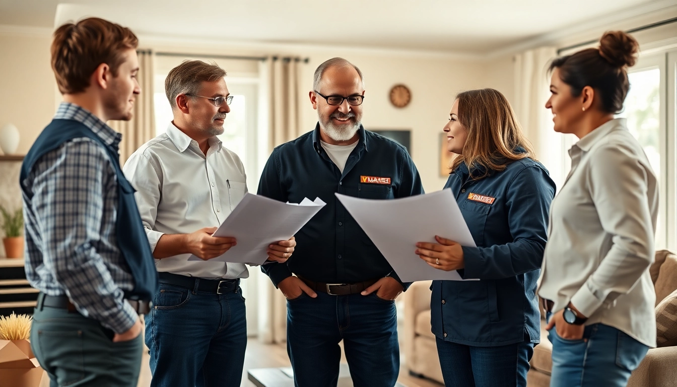 HVAC dealers consulting with homeowners in a modern living room setting.