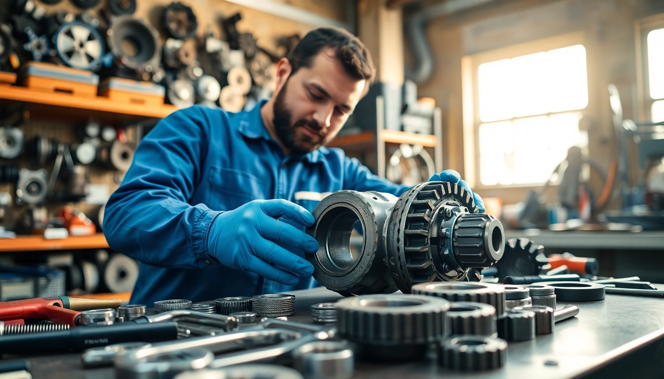 Gearbox bearing replacement process with a mechanic showcasing precision tools and a tidy workshop.