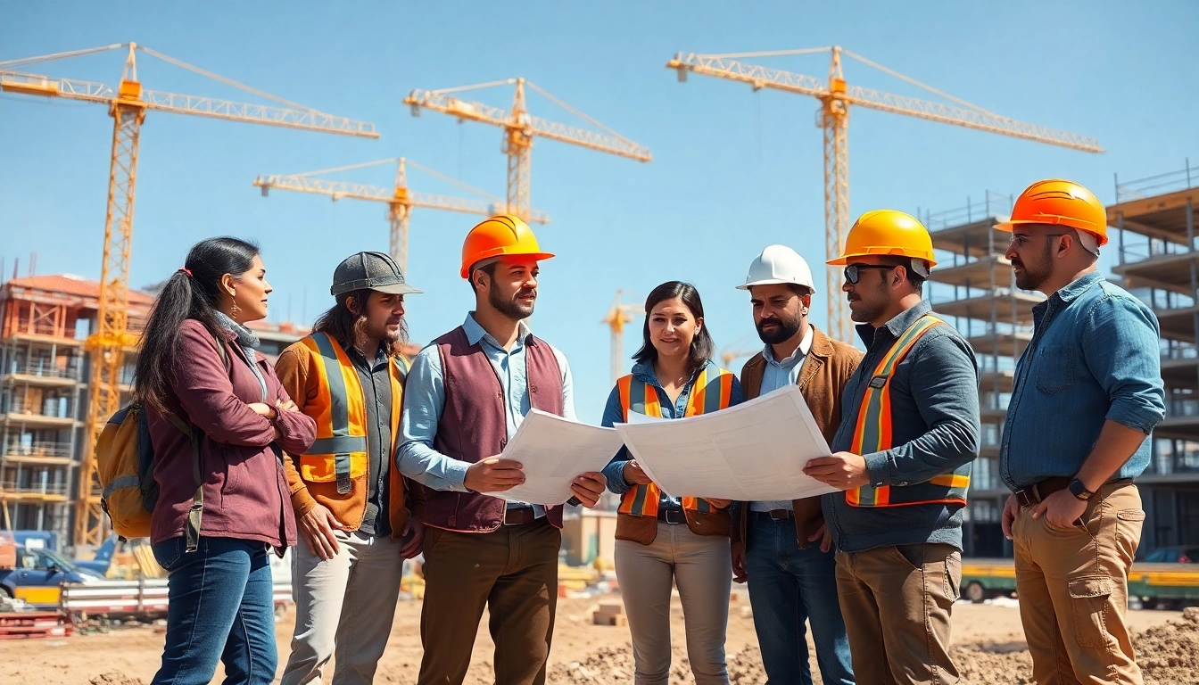 Southern California contractors association professionals collaborating on construction projects at a lively site.