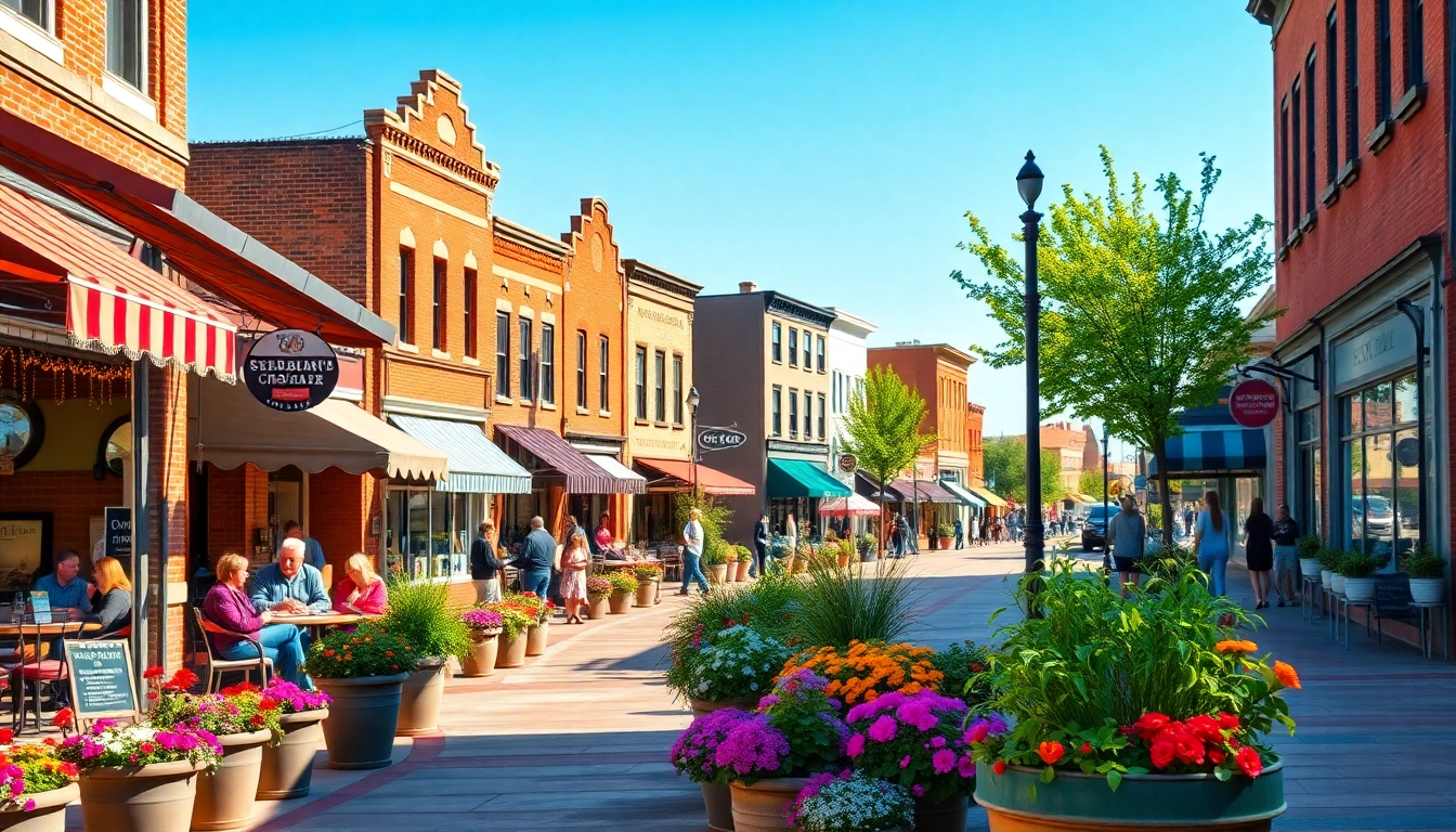 Visitors enjoying the charming streets of Clarksburg filled with local shops and vibrant flowers.