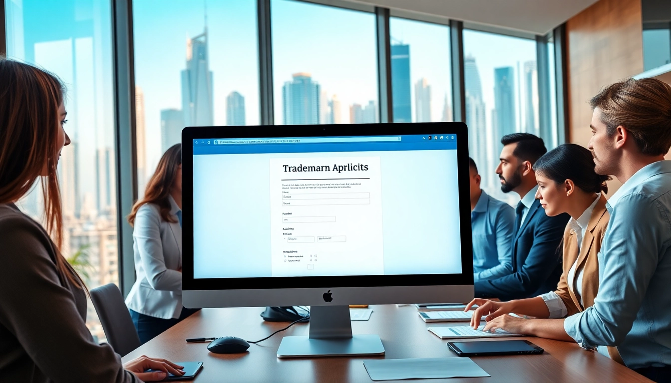 Process of trademark registration in Dubai with professionals collaborating in an office.
