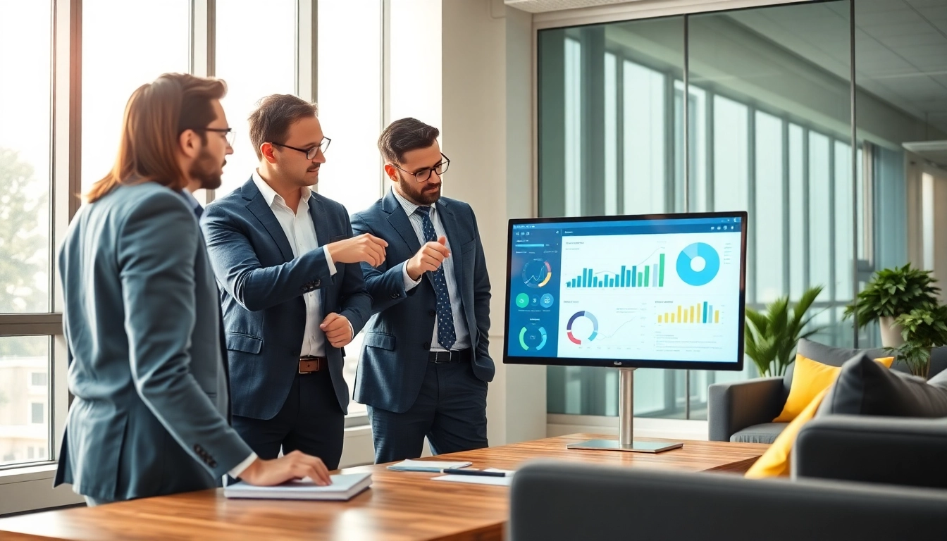Engaged team performing a competitor analysis in a bright office setting with digital data displays.