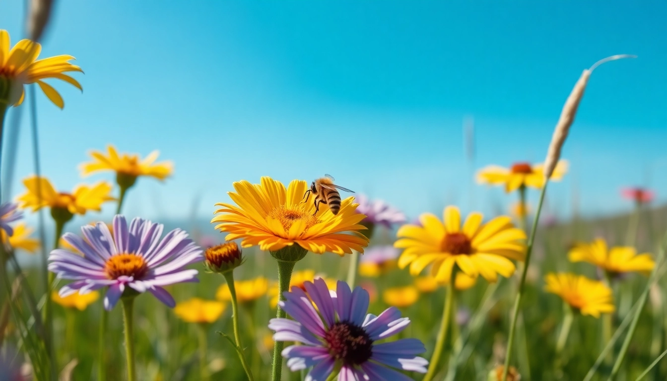 Bee collecting pollen from wildflowers at www.sudswild.com, highlighting nature's beauty.