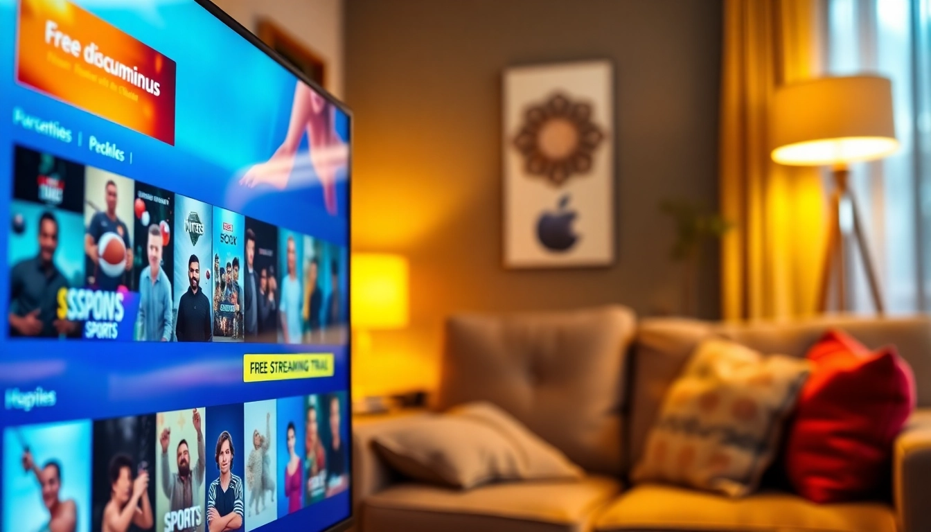 Engage with a free streaming trial banner in an inviting living room setup.