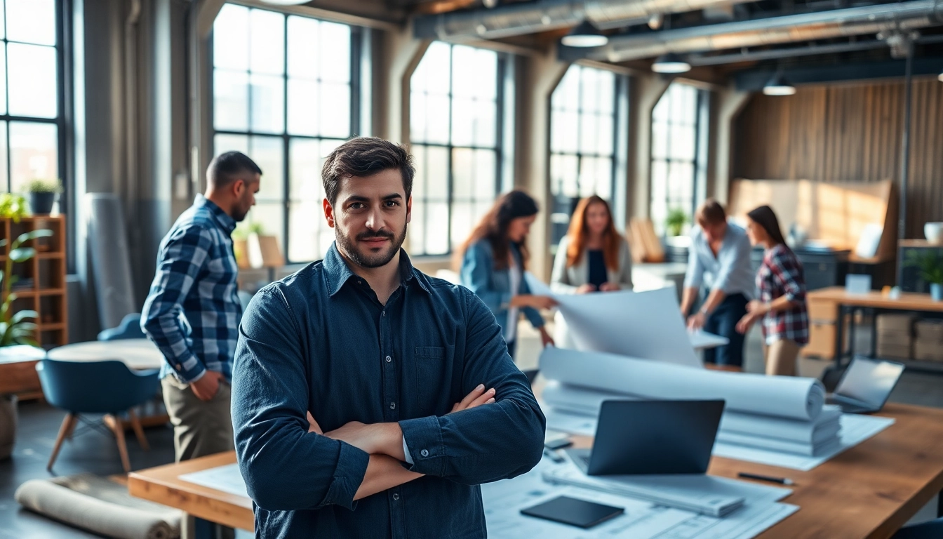 Rebel worker collaborating in a modern office environment with a dynamic team discussion.