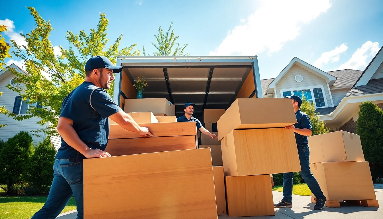 Skilled canadian movers loading a truck in a bright suburban setting.