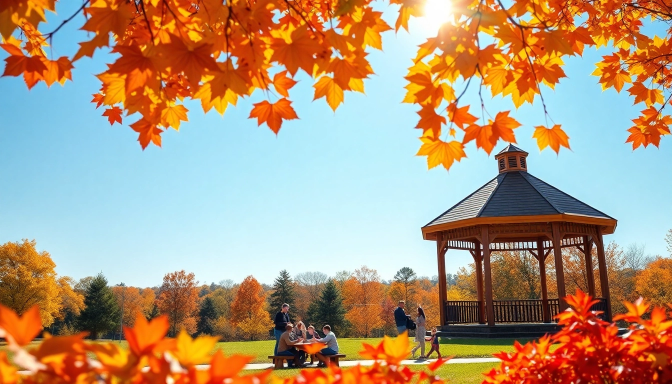 Families enjoying a picnic in Clarksburg's scenic autumn park with vibrant foliage.