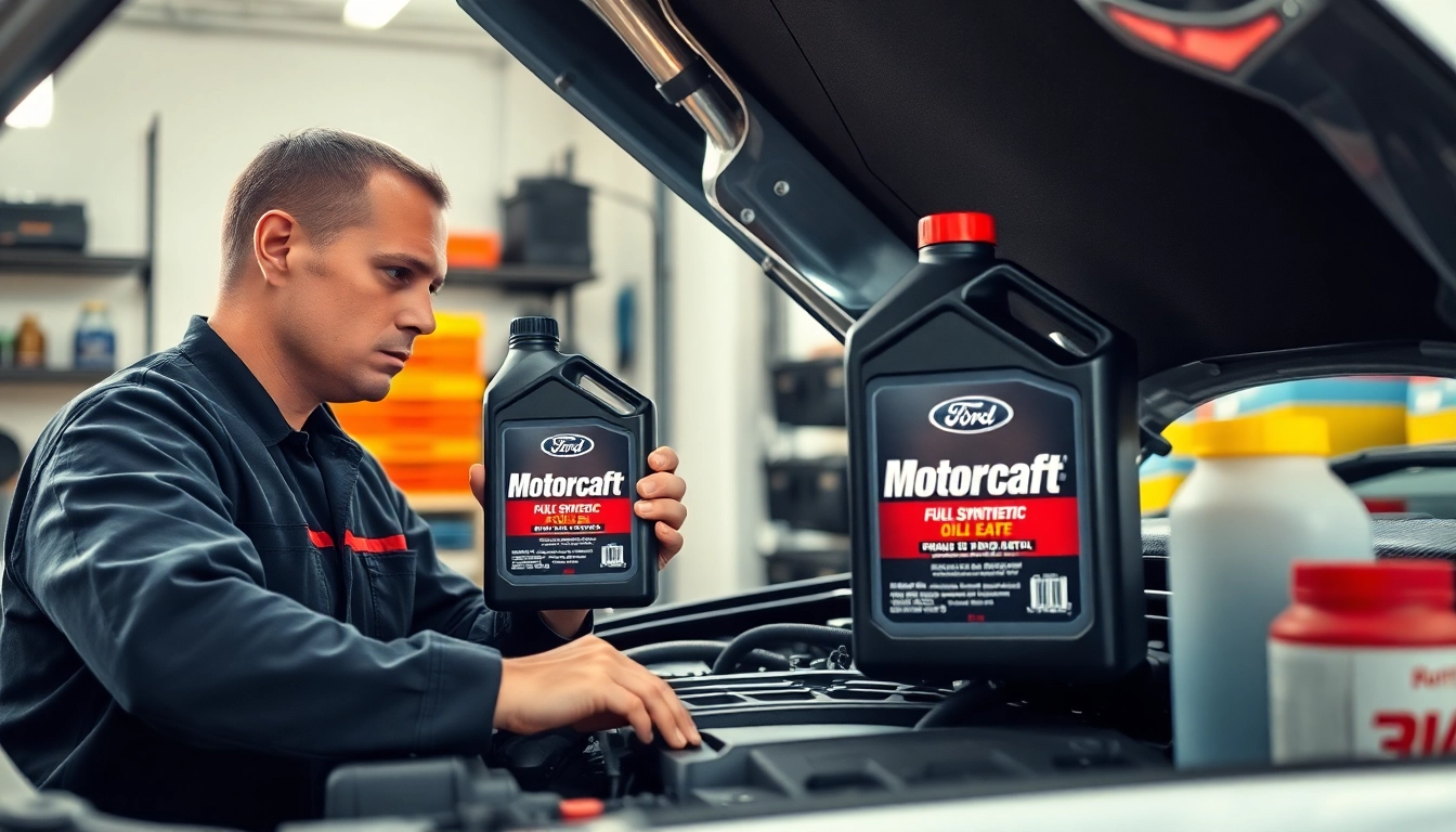 Examining full synthetic Motorcraft oil bottle while inspecting engine in garage.