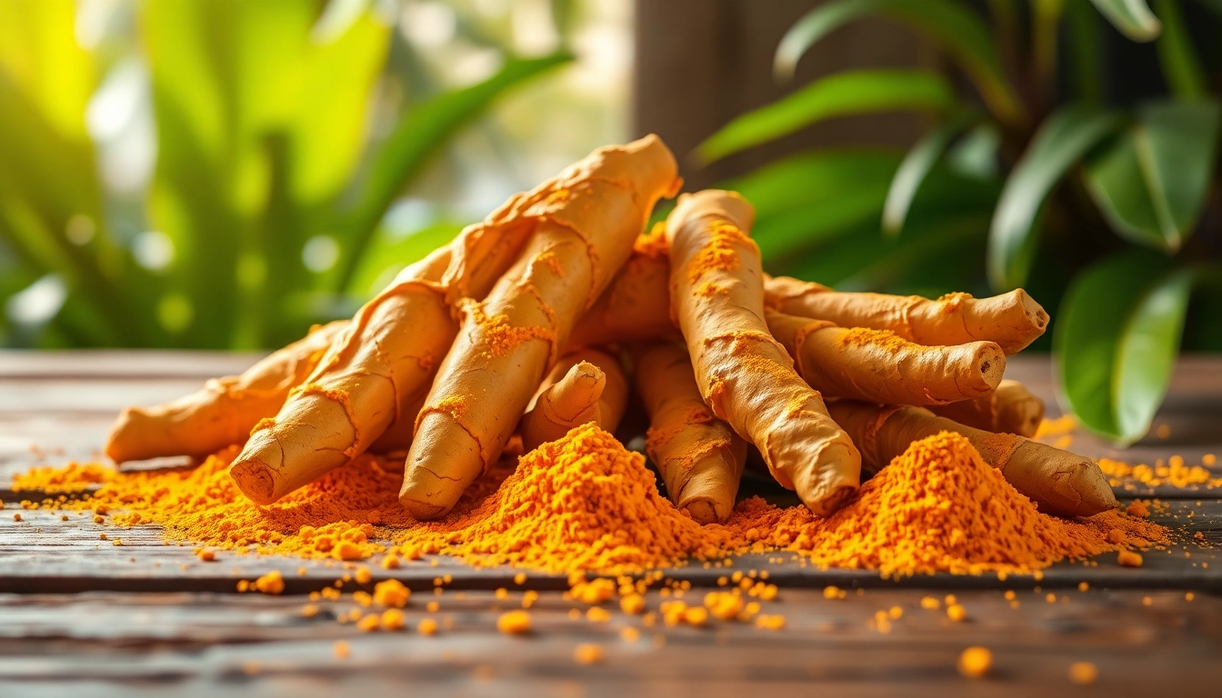 Turmeric Root laid out on a rustic wooden table with vibrant golden powder.